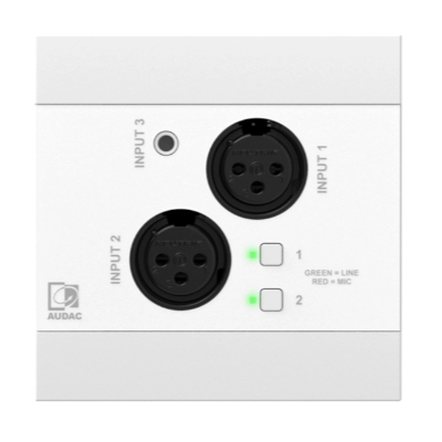 AUDAC NETWORKED INPUT PANEL 2 x XLR 3-PIN INPUT 1 x 3.5mm HEADPHONE JACK BLUETOOTH UPTO 4 CHANNEL WHITE RECESS